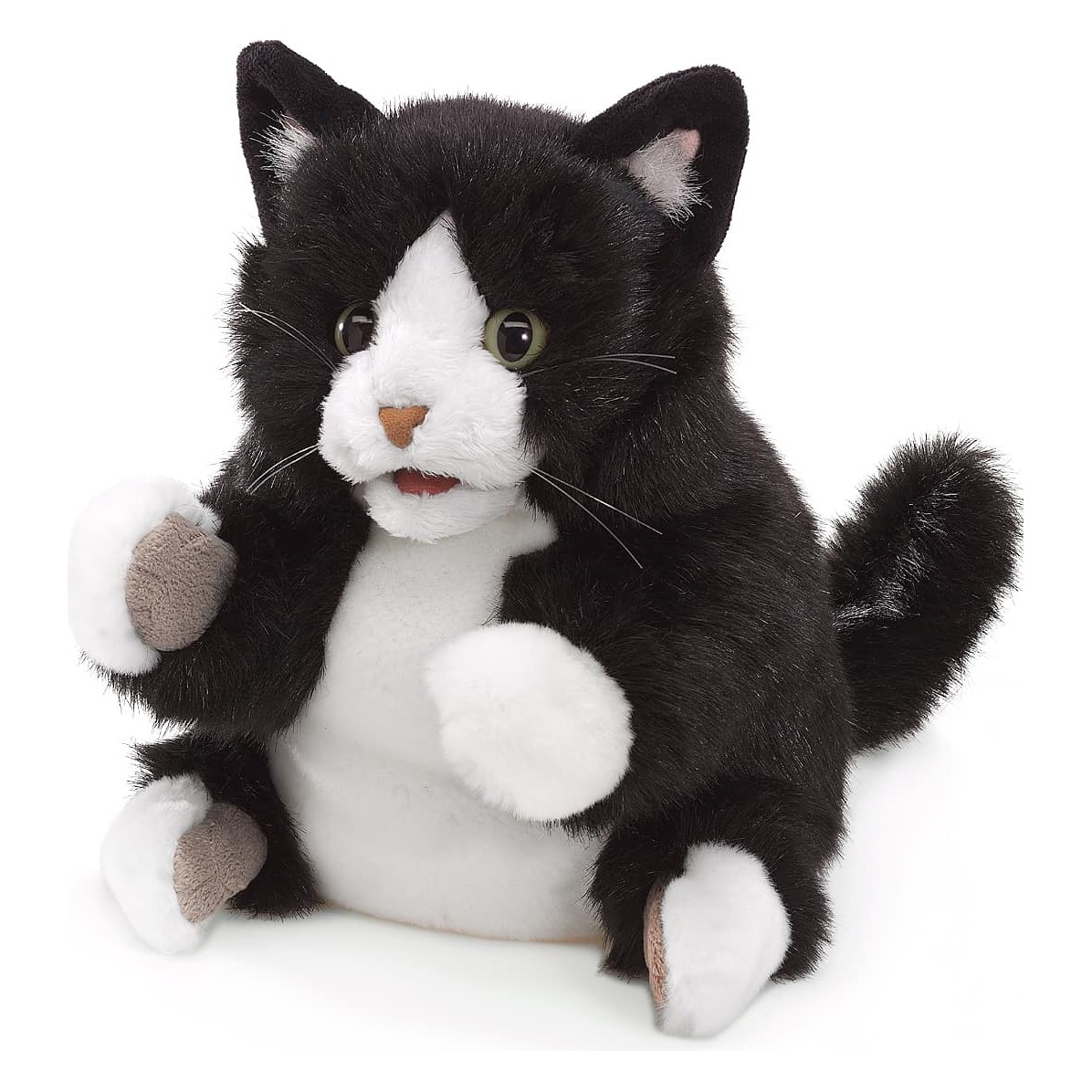Folkmanis Handpuppe Tuxedo Kätzchen in Schwarz-Weiß mit geöffnetem Maul und erhobener Pfote, Frontansicht