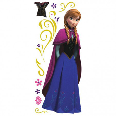 RoomMates wall decal Disney Frozen Anna with Cape, decal sheet with the Anna character, vine motifs and flowers on a white background