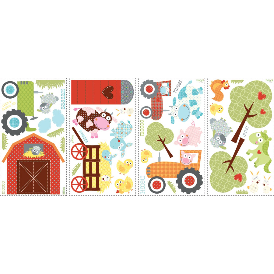 RoomMates wall decal Farmland Animals, four decal sheets with farm animal, barn and tractor motifs on a white background