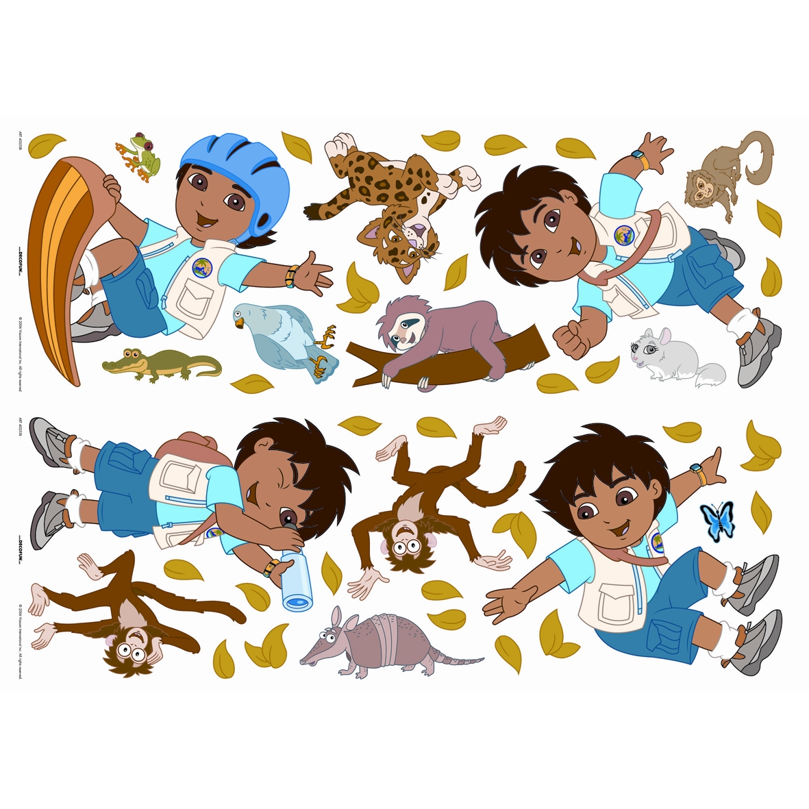 decofun Wandsticker Go Diego Go, surfender Diego mit Frosch, Krokodil, Affe, Jaguarjunges und Gürteltier als Klebebogen