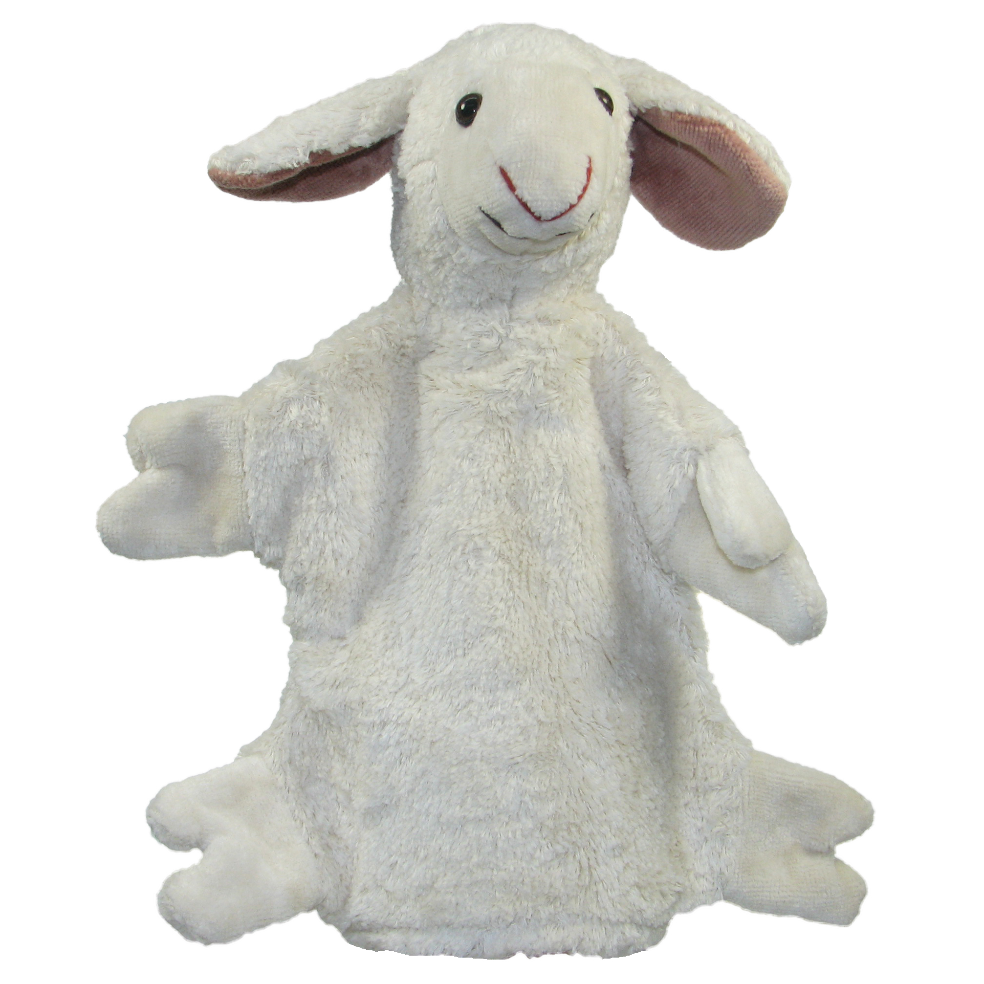 Kallisto Handpuppe Schaf Frontansicht, weiße Handpuppe aus Naturmaterial mit hängenden Ohren und weißen Pfoten