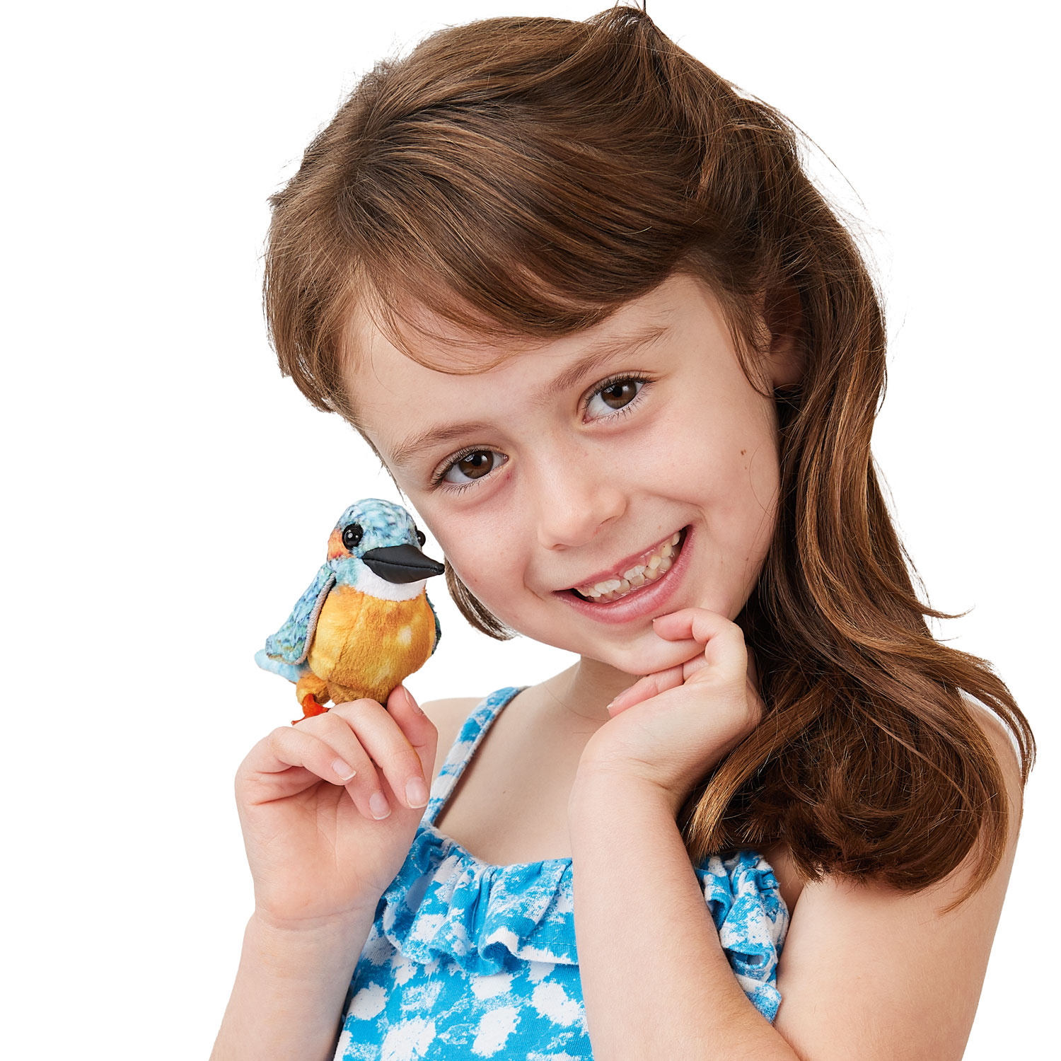 Girl holding a small Folkmanis kingfisher finger puppet with blue plumage and orange belly on her finger