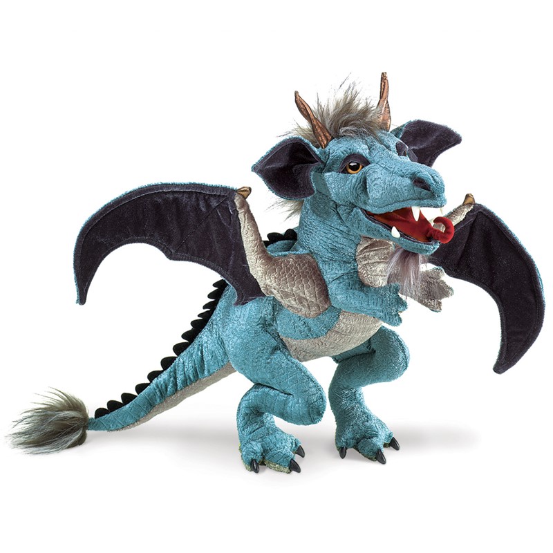 Folkmanis Handpuppe Himmelsdrache in Türkis-Blau mit schwarzen Flügeln, geöffnetem Maul mit roter Zunge und goldenen Hörnern, Seitenansicht