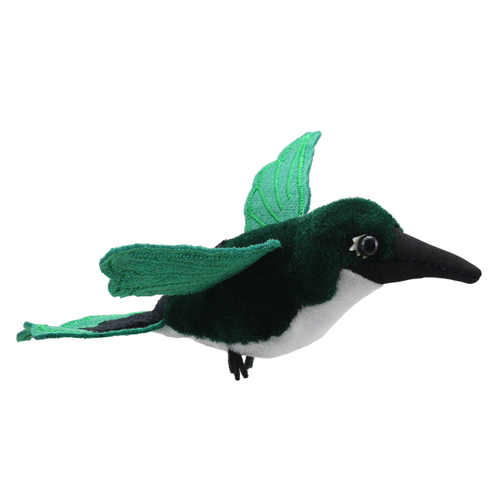 The Puppet Company Fingerpuppe Kolibri, grüner Kolibri mit weißem Bauch im Flug