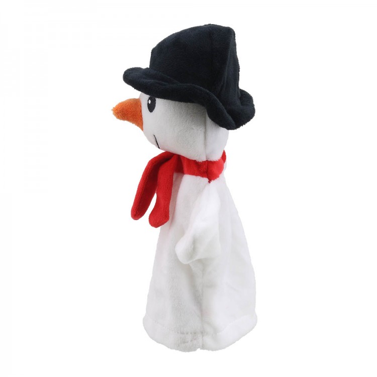 The Puppet Company baby hand puppet snowman, side view with a carrot nose and red scarf