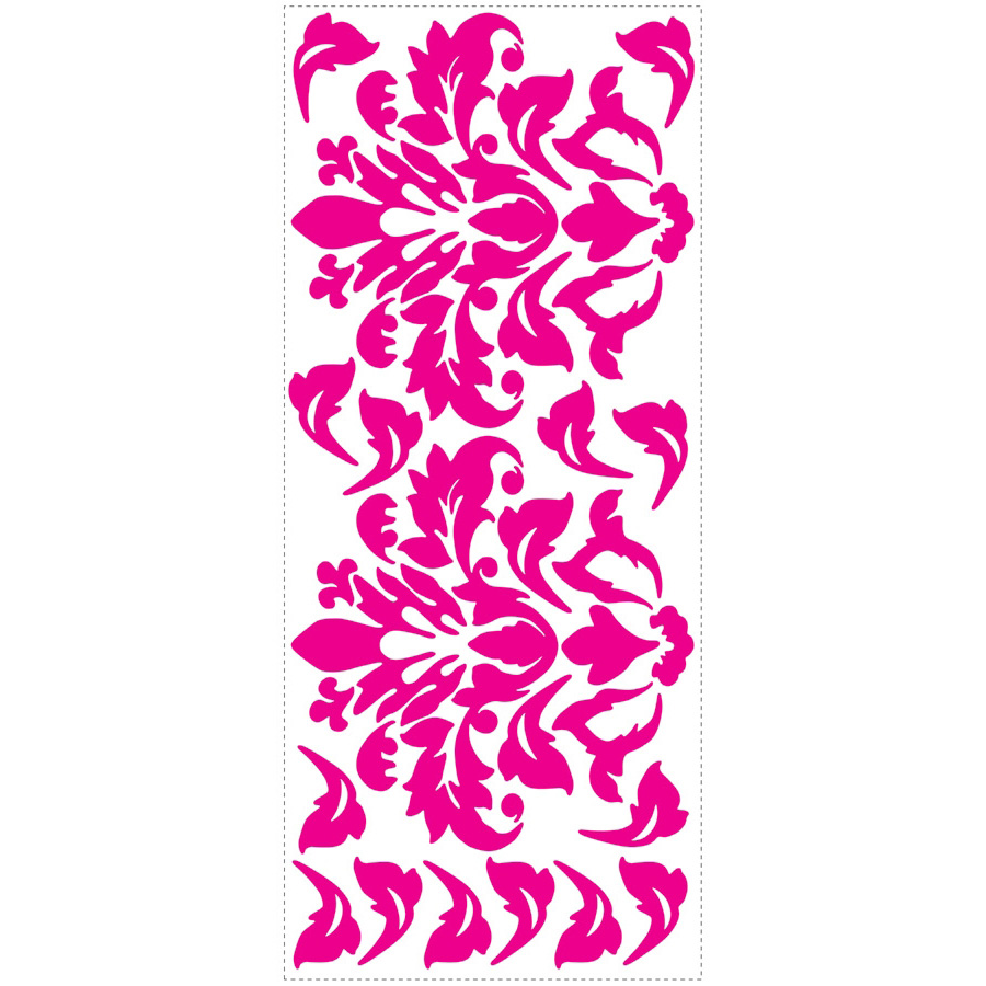 RoomMates wall decal Damask Pink, decal sheet with a pink damask pattern on a white background