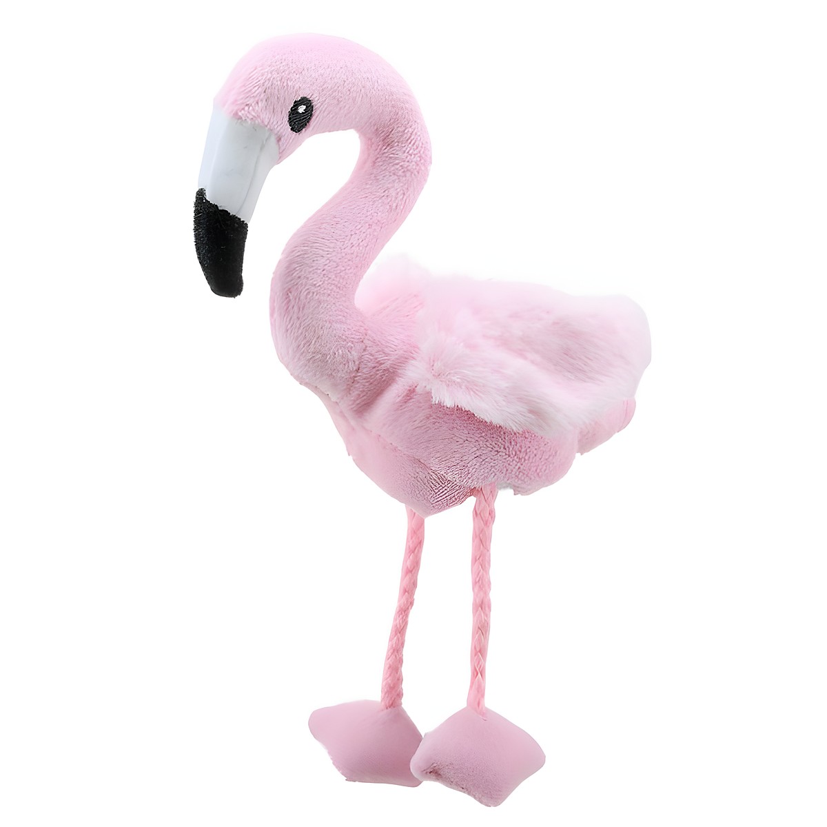 The Puppet Company finger puppet flamingo, pink finger puppet with a long neck and long fabric legs