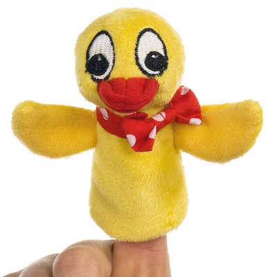 Heunec finger puppet duck Schnatterinchen, yellow plush duck with a red and white polka-dot bow at the neck, worn on a finger