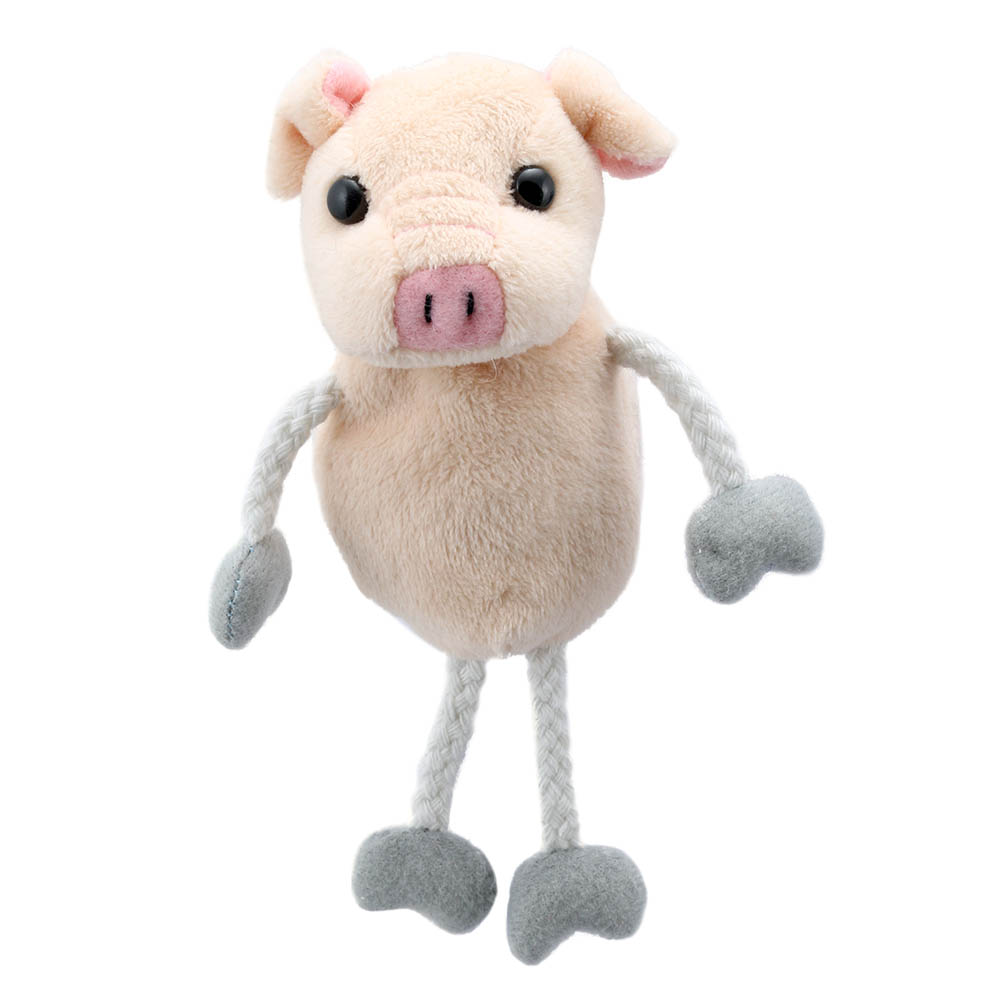 The Puppet Company finger puppet pig, pink puppet with a pink snout and long fabric legs