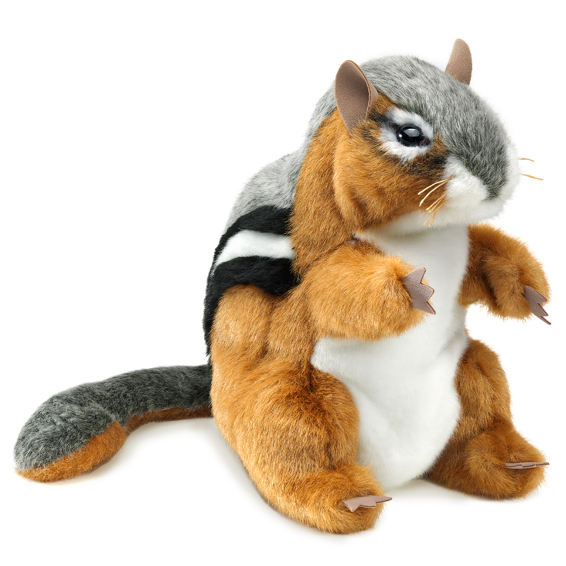 Folkmanis Handpuppe Streifenhörnchen mit rostbraunem Fell, schwarzweißen Rückenstreifen und grauem Schwanz, sitzend in Dreiviertelperspektive