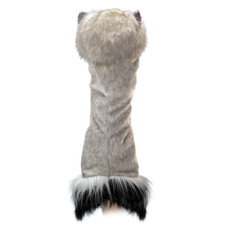Folkmanis Handpuppe Strauß in der Rückansicht, grau-beiges Kunstfell mit schwarz-weißem Federbesatz am unteren Rand und kleinen Ohren oben.