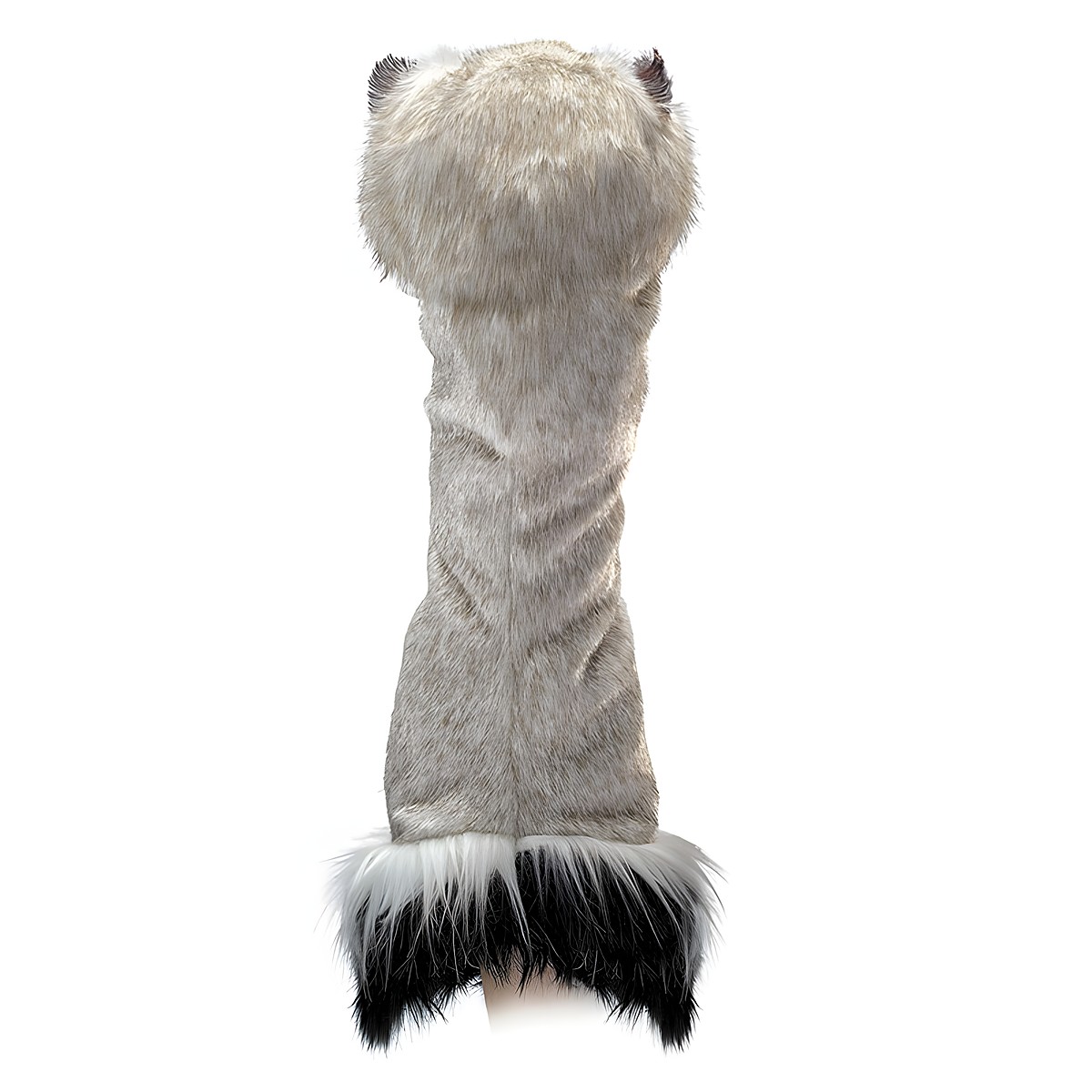 Folkmanis Handpuppe Strauß in der Rückansicht, grau-beiges Kunstfell mit schwarz-weißem Federbesatz am unteren Rand und kleinen Ohren oben.