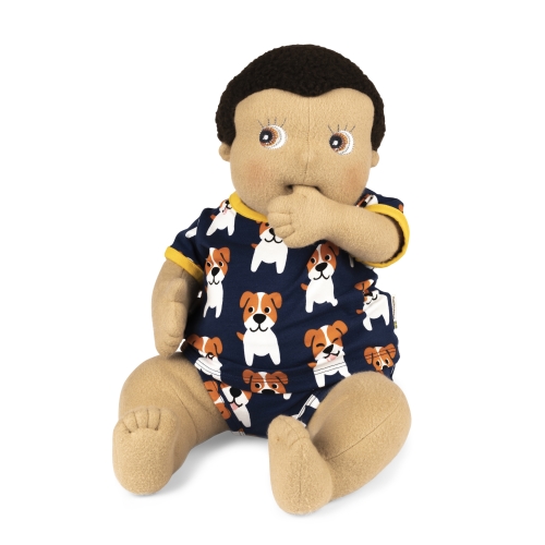 Rubens Barn baby doll Max in the Maxomorra dog outfit, thumb at its mouth