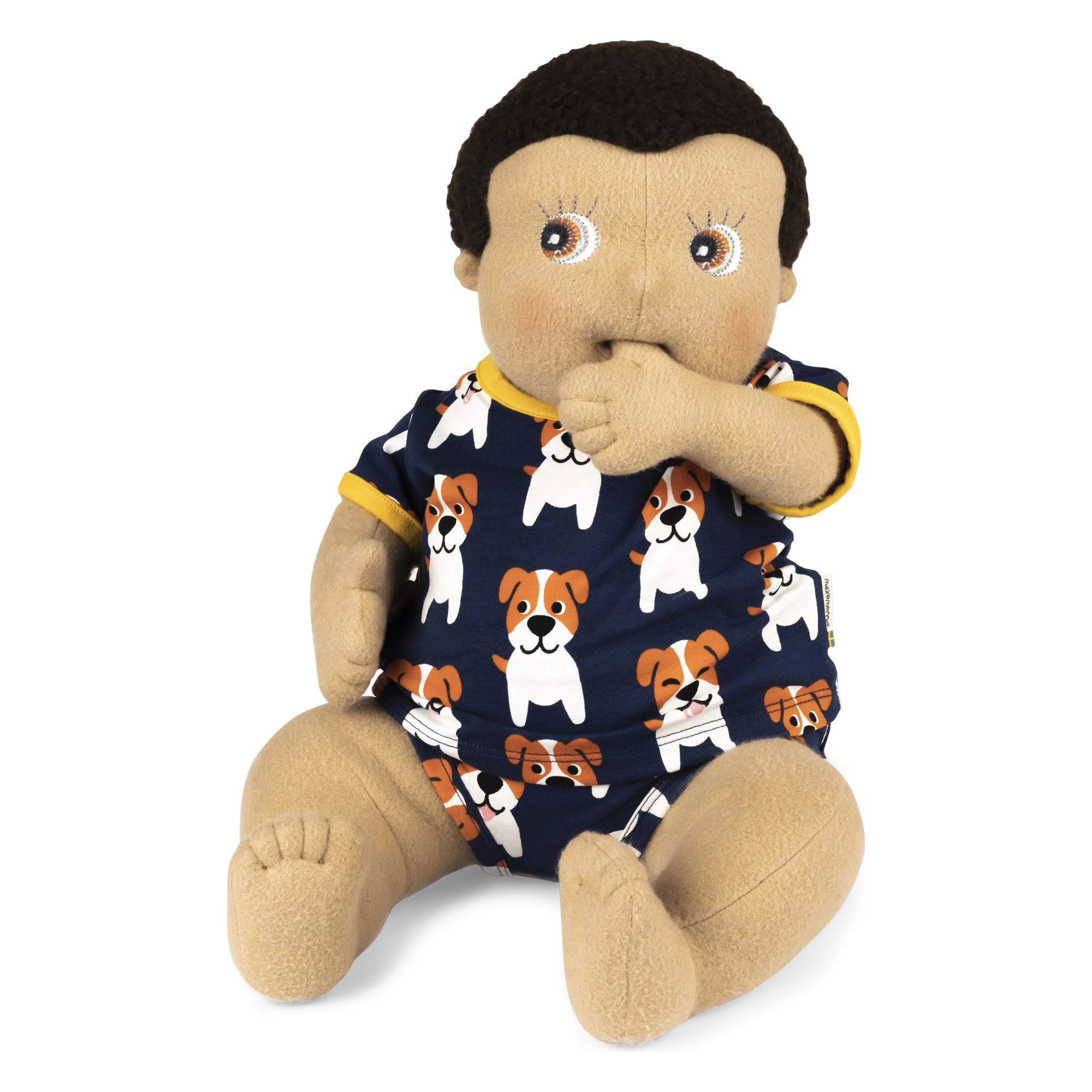 Rubens Barn Baby-Puppe Max im Maxomorra-Hunde-Outfit, Daumen am Mund