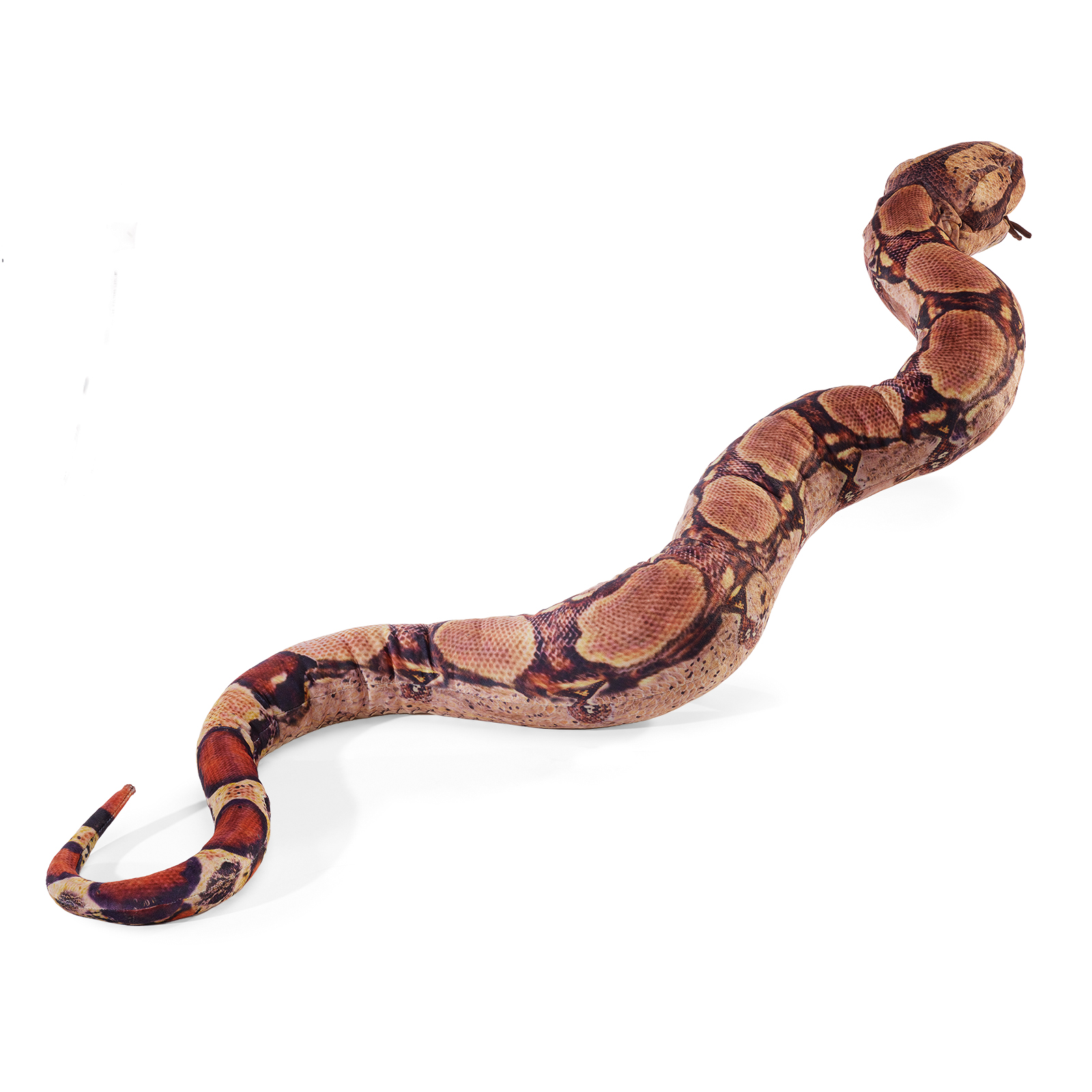 Folkmanis boa constrictor hand puppet laid out diagonally, its scaled pattern following the curving body.