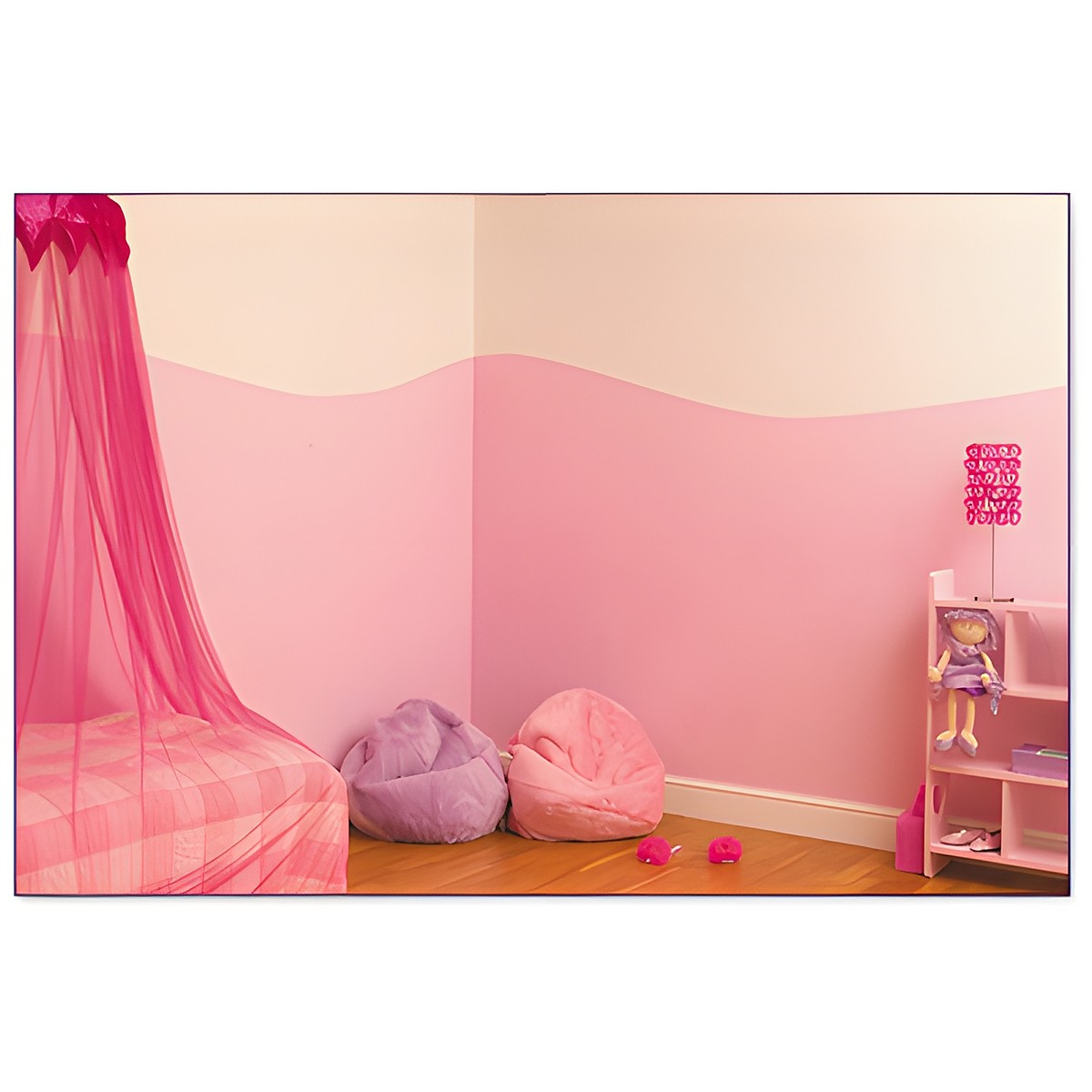 funtosee wall sticker flower world, undecorated pink children's room with bed canopy, bean bags and shelf before applying