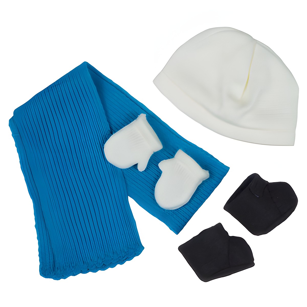 Winter-Set für Rubens Kids und Ark Puppen: weiße Mütze, blauer Schal, Fäustlinge und Stiefelchen