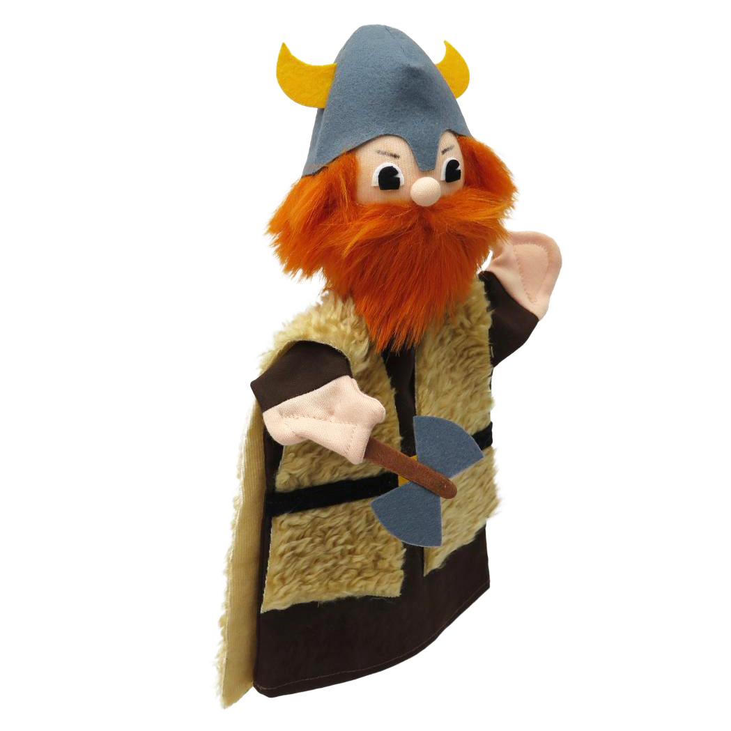 Kasperlepuppe Wikinger von munabo mit Hörnerhelm, rotem Bart, Fellweste und Axt