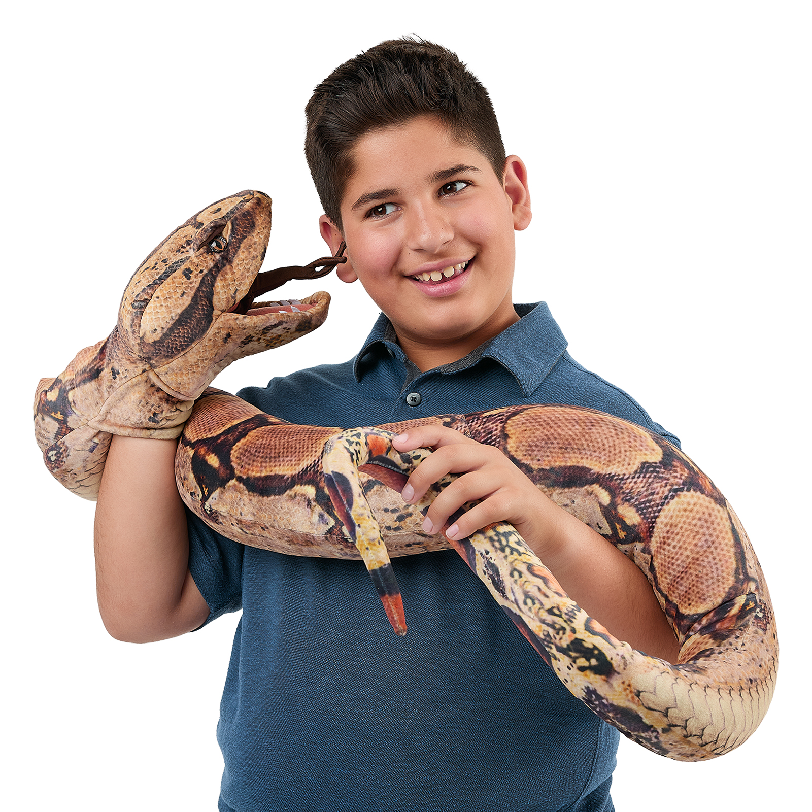 Folkmanis boa constrictor hand puppet on a boy's arm, its head with open mouth close to his face.