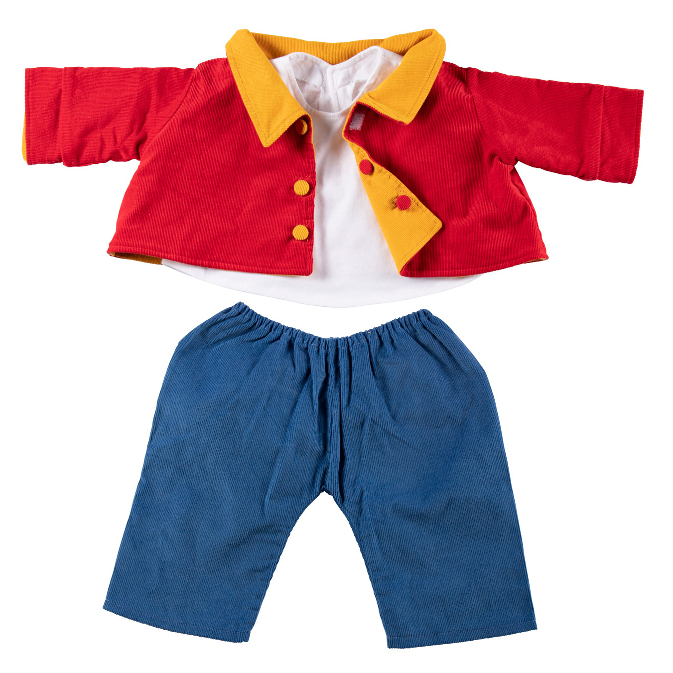 Joyk Kleiderset Wind & Wetter: rote Cordjacke mit gelbem Kragen, weißes Shirt und blaue Cordhose