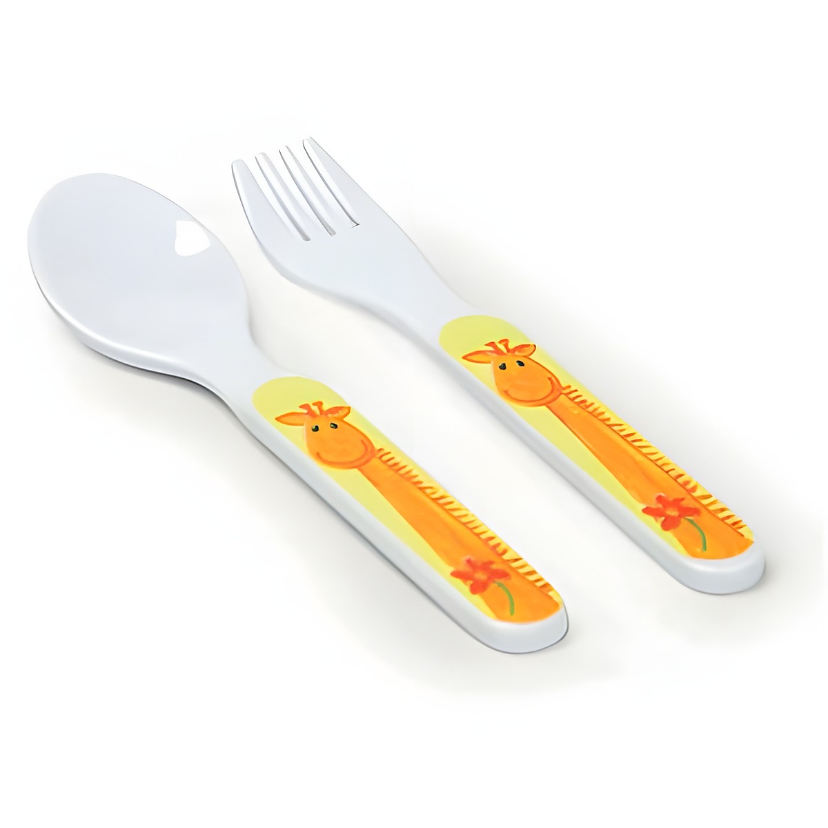 Egmont Toys Kinderbesteck Giraffe Huguette, weisser Loeffel und Gabel mit gelbem Griff und Giraffen-Illustration