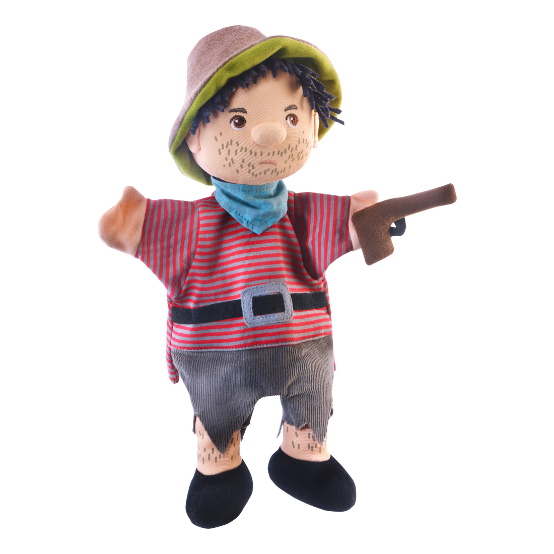 HABA baby hand puppet robber, holding a toy pistol