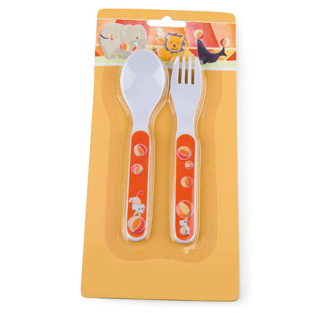 Egmont Toys cutlery circus, white spoon and fork with orange-red handle and mouse motif, packaging with circus animals