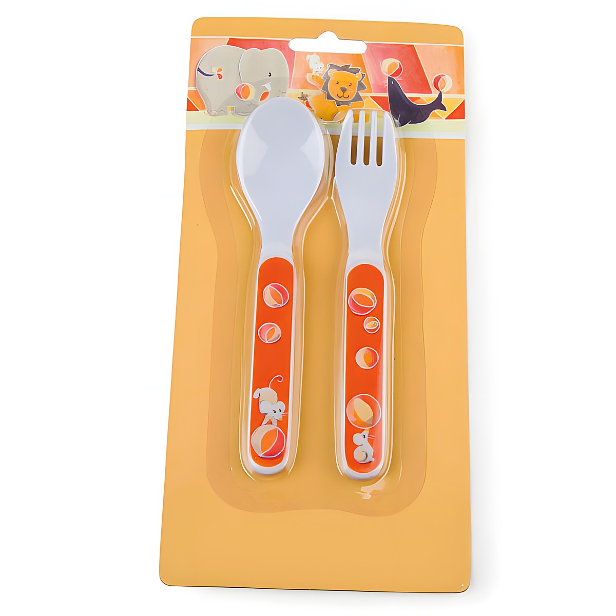 Egmont Toys Kinderbesteck Zirkus, weisser Loeffel und Gabel mit orangerotem Griff und Maus-Motiv, Verpackung mit Zirkustieren