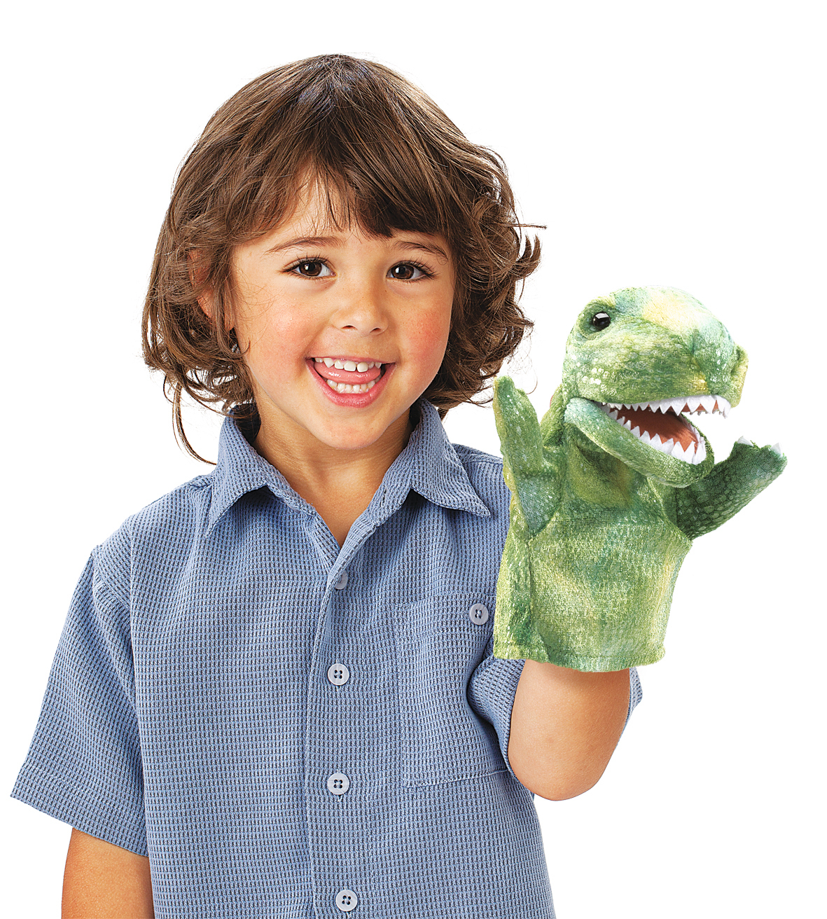 Kind hält grüne Folkmanis Handpuppe kleiner T-Rex mit geöffnetem Maul und sichtbaren Zähnen in die Kamera.
