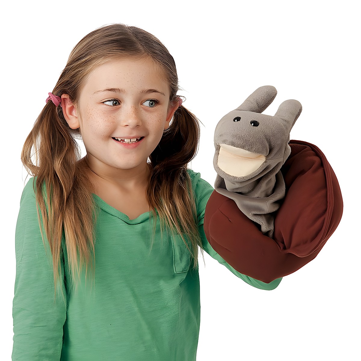 Girl in green top plays with the grey and brown Folkmanis Snail hand puppet on her hand
