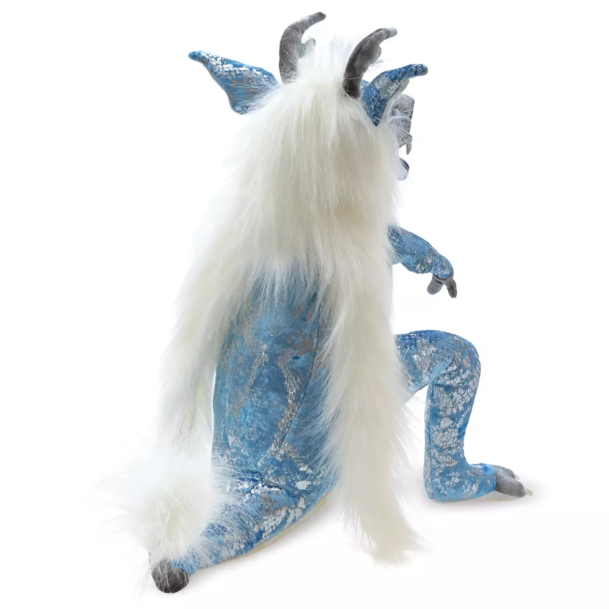 Folkmanis Ice Dragon hand puppet seen from behind: blue-silver scale pattern, long white mane, grey horns and claws