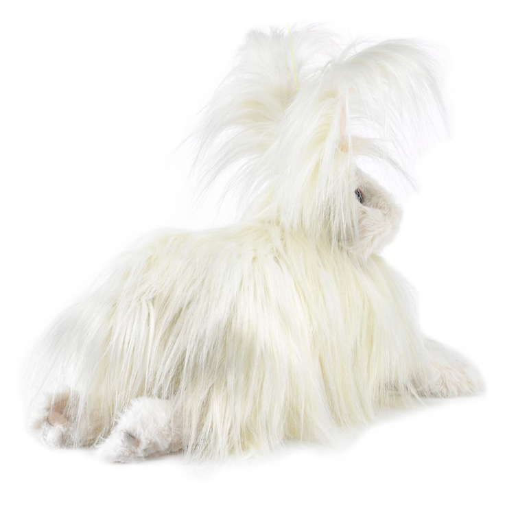 Folkmanis hand puppet Angora rabbit with white long fur, lying in side view, with lush fur on head and body