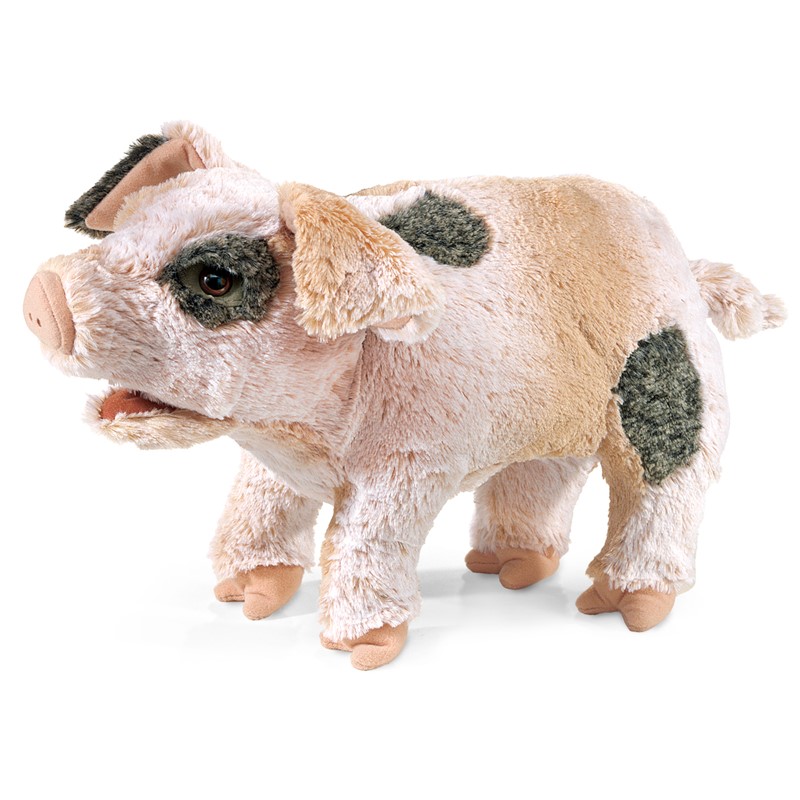 Folkmanis Handpuppe grunzendes Schweinchen in Rosa mit grauen Flecken, geöffnetem Maul, stehend in Seitenansicht