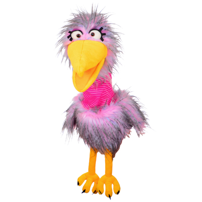 Living Puppets Handpuppe Madame Quassel-Schlamassel, grau-rosa Vogel mit gelbem Schnabel, pink geringeltem Hals und gelben Füßen, Frontansicht