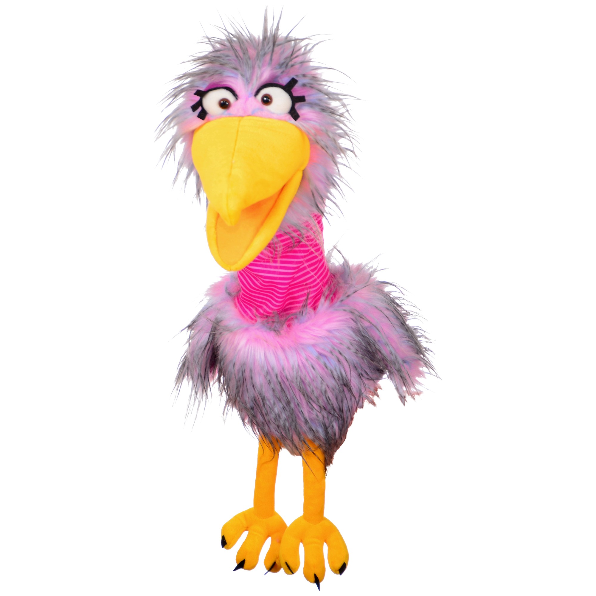 Living Puppets Handpuppe Madame Quassel-Schlamassel, grau-rosa Vogel mit gelbem Schnabel, pink geringeltem Hals und gelben Füßen, Frontansicht