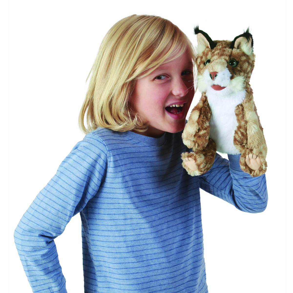 Child holding a Folkmanis bobcat kitten hand puppet with a movable mouth on the right hand, brown-spotted plush fur, black ear tufts