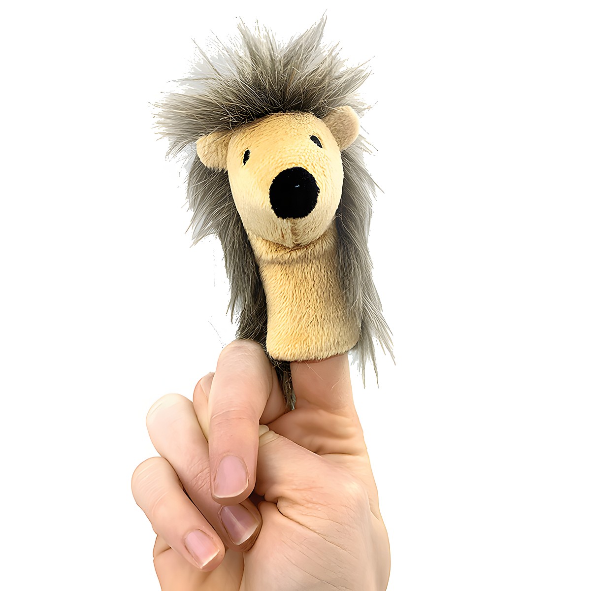 Beleduc finger puppet hedgehog with a beige face and grey-brown spiky fur, on an index finger, usage example