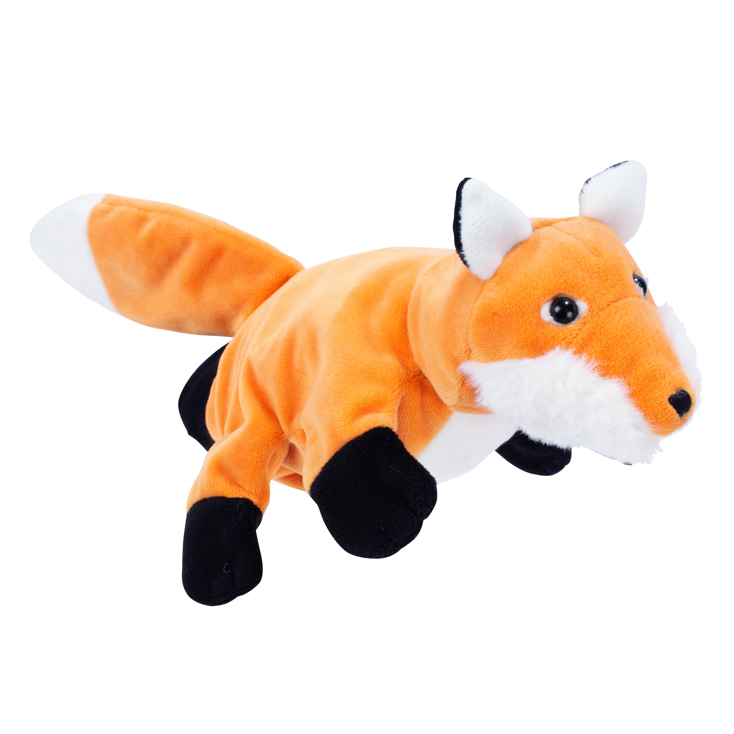 Beleduc Handpuppe Fuchs mit orangefarbenem Fell, weißer Brust und schwarzen Pfoten, liegende Haltung