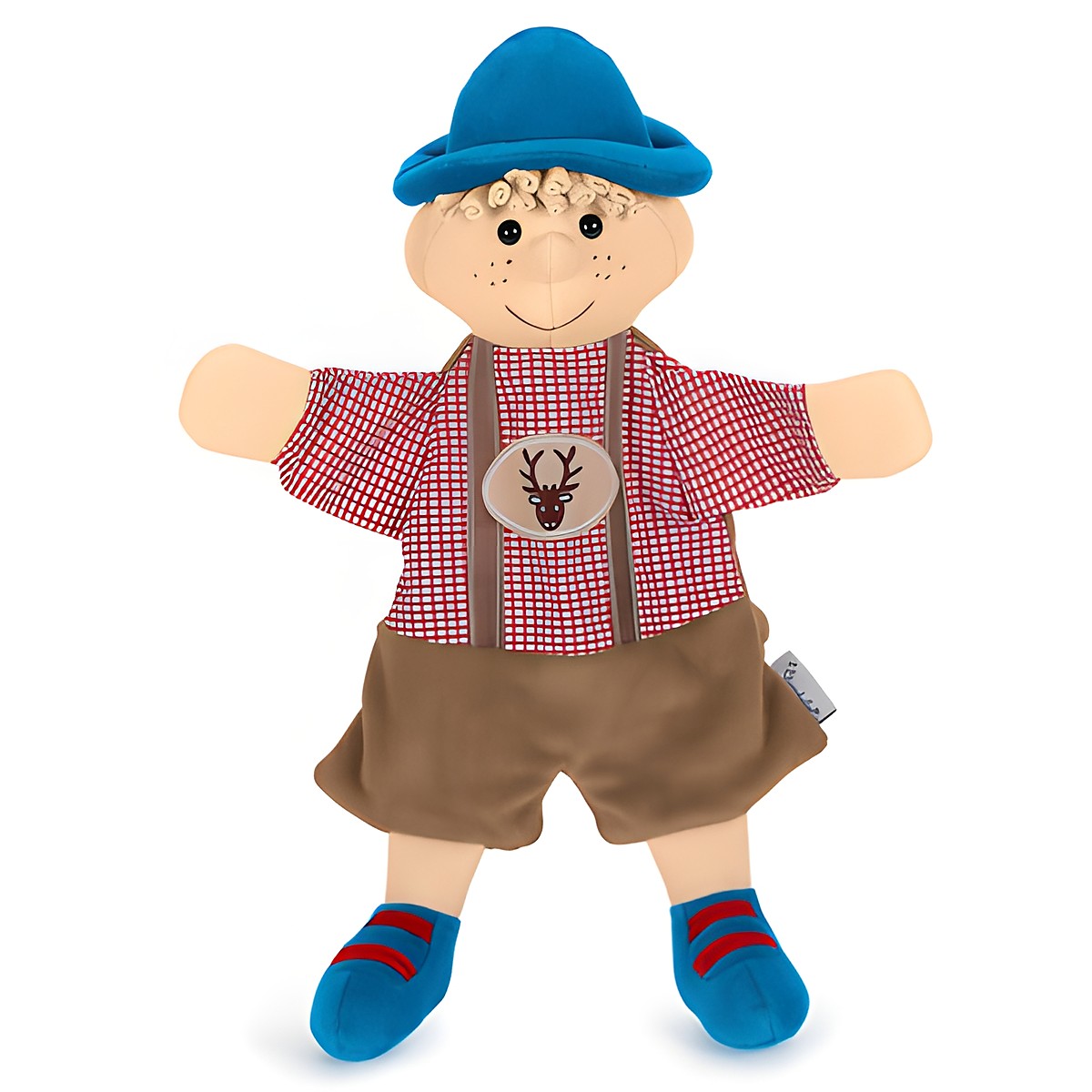Sterntaler Baby-Handpuppe Seppel, blauer Hut, rot-weiß kariertes Hemd mit Hirschmotiv und braune Lederhose