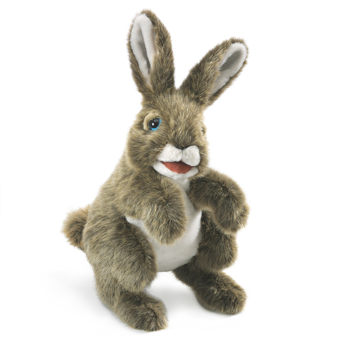 Folkmanis Handpuppe Hase in braunem Plüsch, aufrecht sitzend mit beweglichem Maul und blauen Augen, Frontalansicht