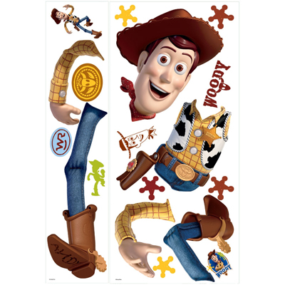 RoomMates wall decal Disney Pixar Toy Story Woody, two decal sheets with the Woody character and cowboy gear motifs on a white background