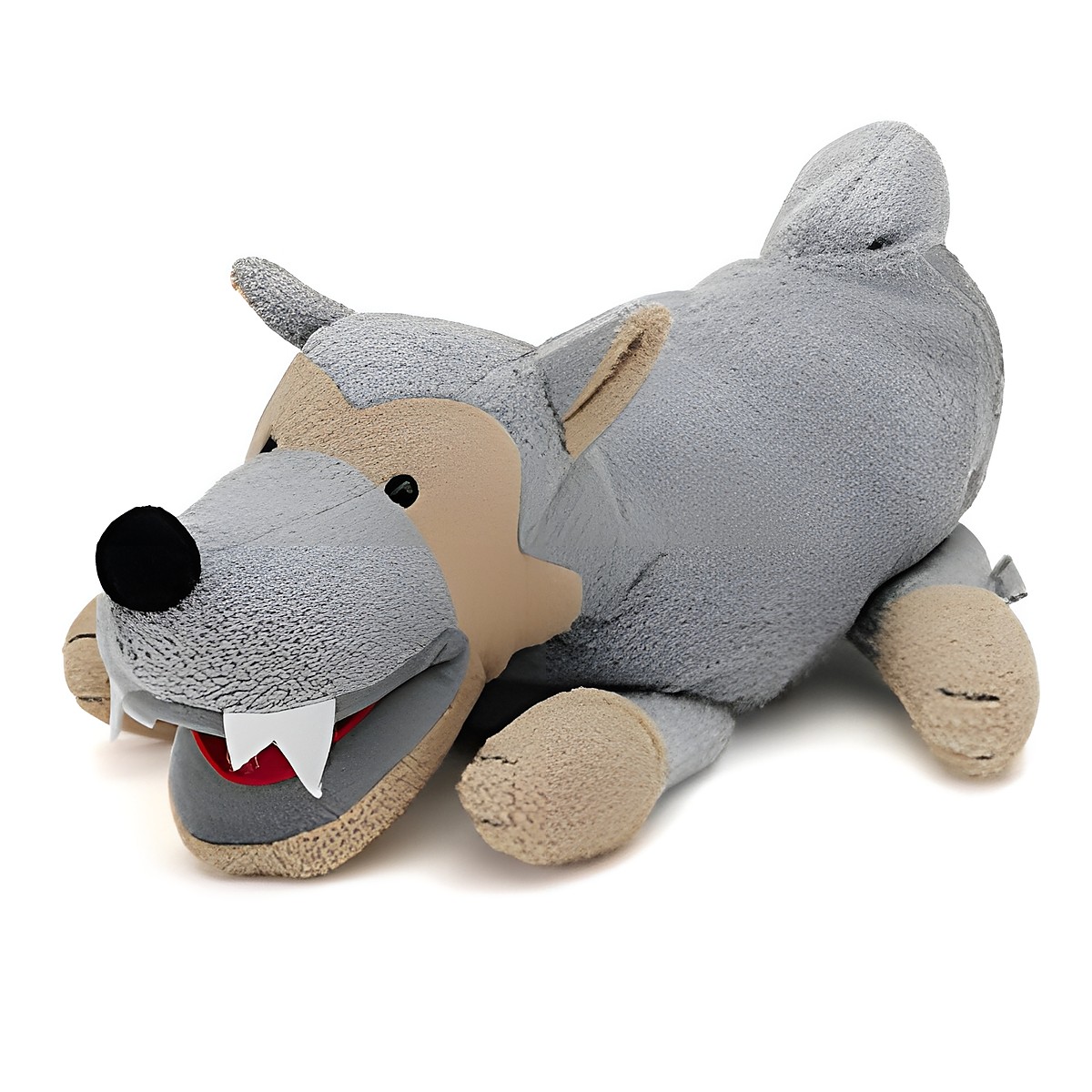 Sterntaler Baby-Handpuppe Wolf, liegende Haltung mit grauem Fell, beiger Schnauze und spitzen weißen Zähnen