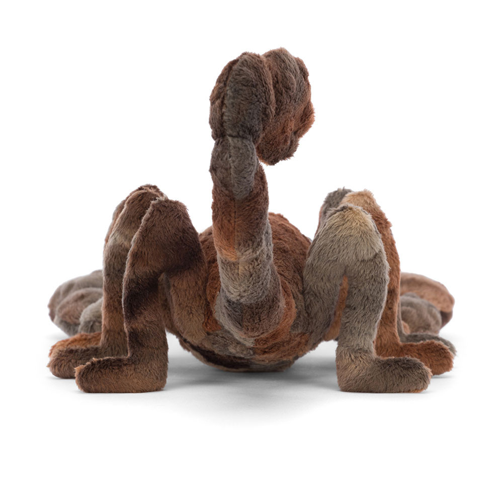 Jellycat plush toy scorpion Simon Scorpion, back view with the coiled tail raised high