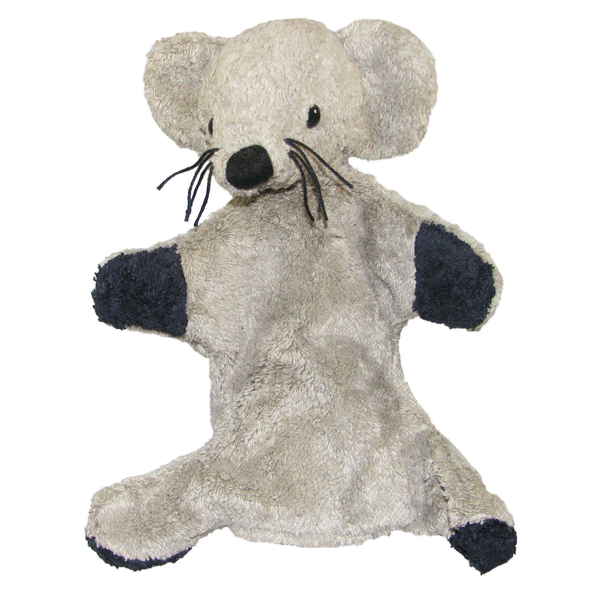 Kallisto hand puppet mouse grey front view, grey natural-material puppet with dark grey paws and large ears