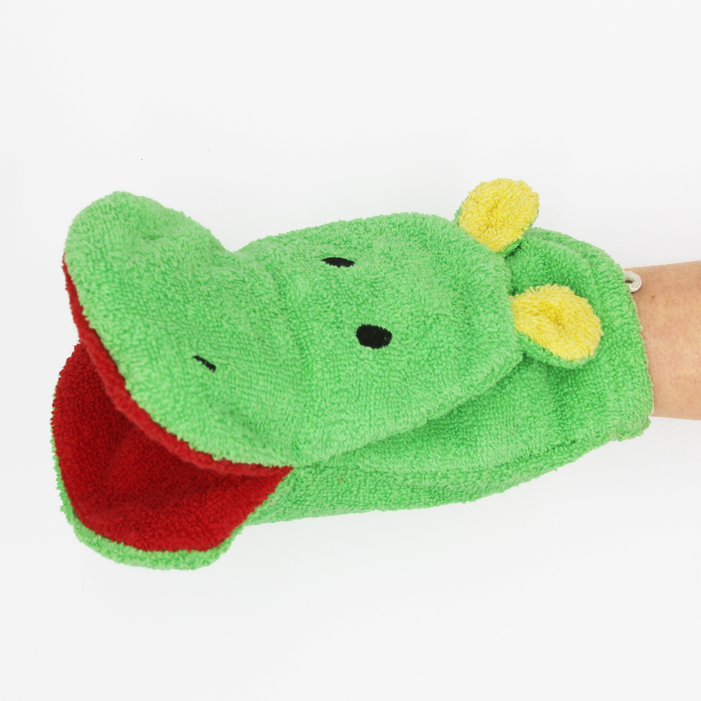 Fürnis organic washcloth hippo Norbert worn as mitt on arm, open mouth showing red lining