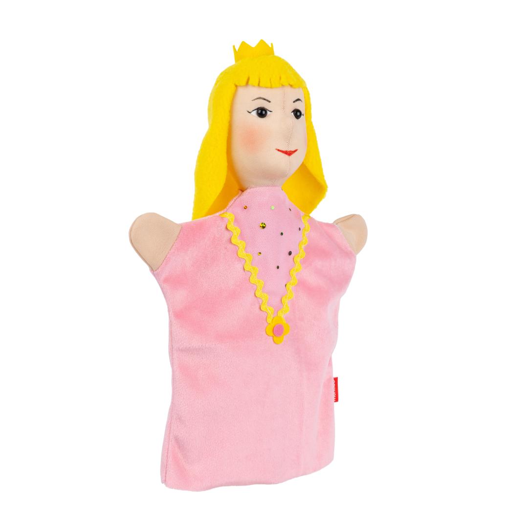 Kasperlepuppe Prinzessin von munabo, Vorderansicht mit langem gelbem Haar und kleiner goldener Krone.