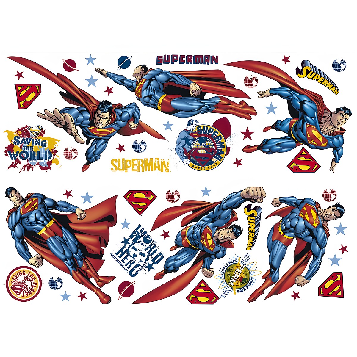 decofun wall decal Superman, several flying Superman figures, shield logos, stars and 'Saving The World' lettering