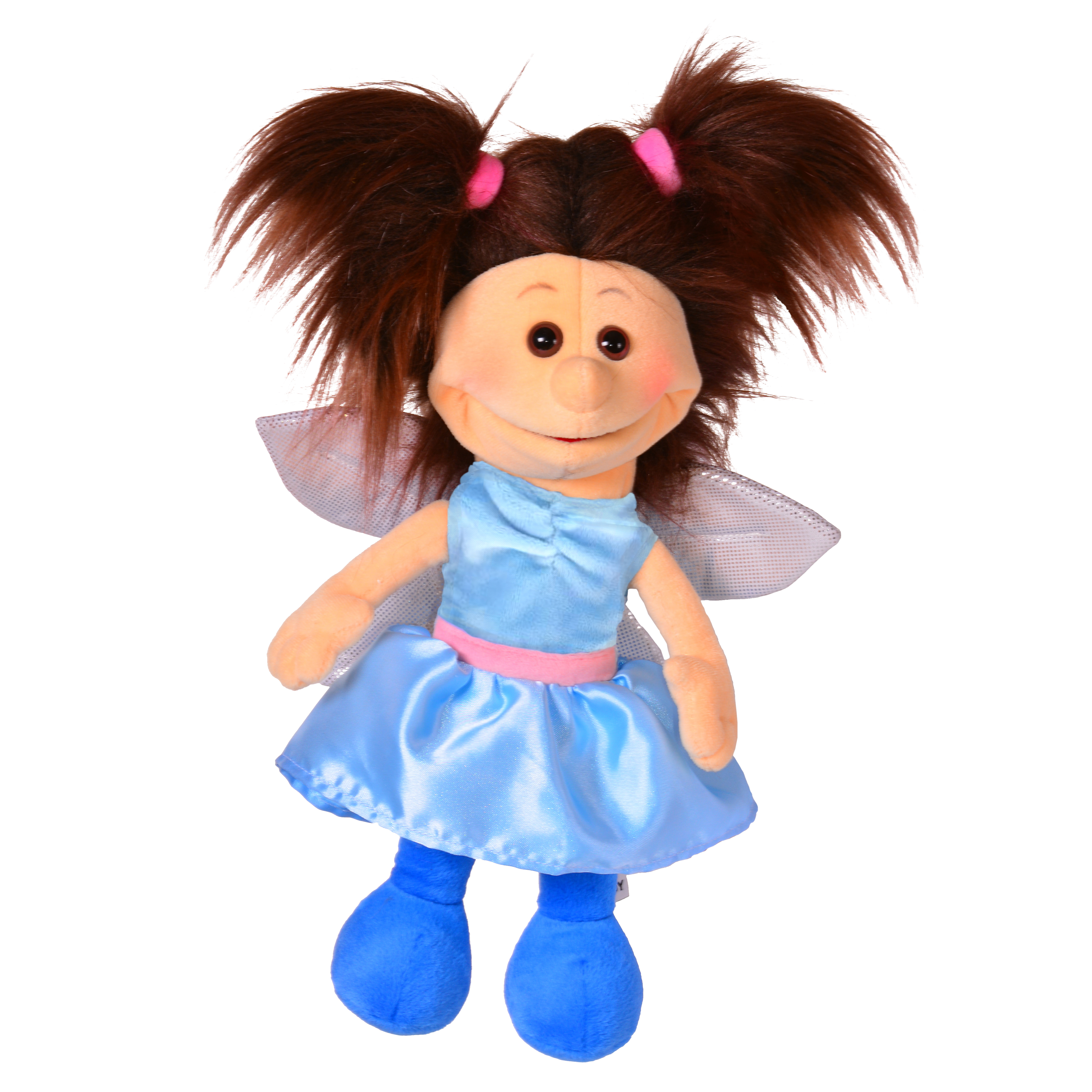 Living Puppets Handpuppe Mailinchen die Fee mit braunen Zöpfen, hellblauem Satinkleid mit rosa Gürtel, transparenten Flügeln und blauen Schuhen
