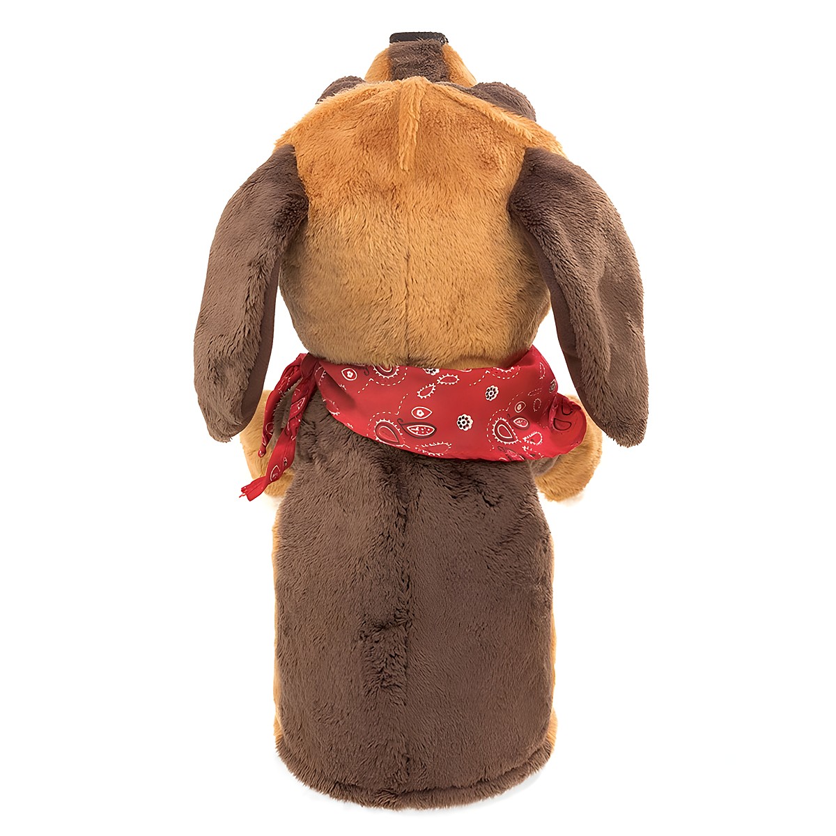 Folkmanis Handpuppe Hund von hinten, braunes Plüschfell mit hellbraunem Rücken und rotem Paisley-Halstuch