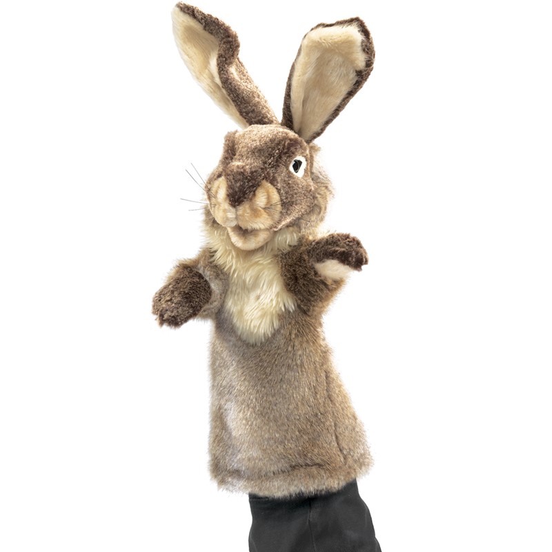 Folkmanis Handpuppe Hase in braunem Kurzflor-Plüsch mit langen Ohren und Pfoten, Seitenansicht auf weißem Grund